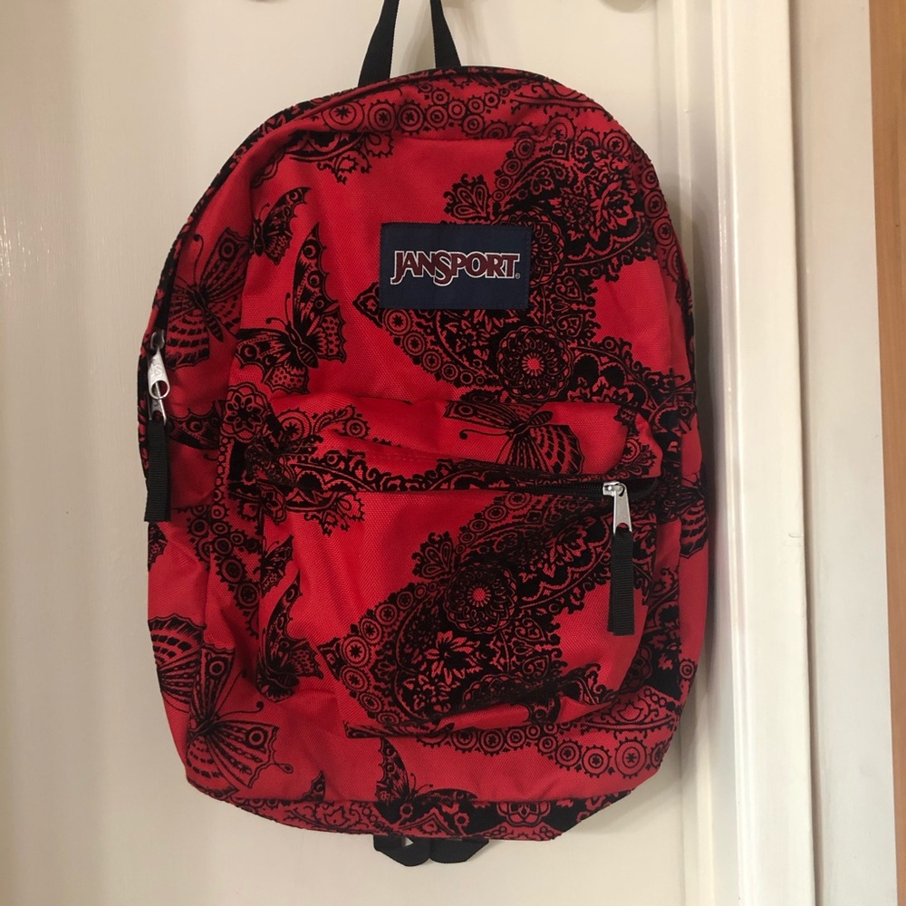 🎒 Jansport backpk red wblk design- like new!